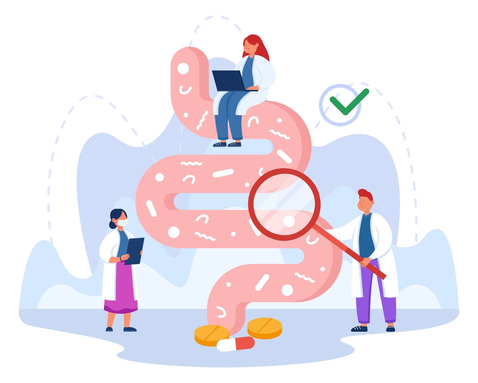 Tiny doctors examining gut flora flat vector illustration